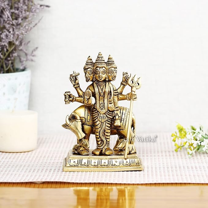 Lord Dattatreya Bhagwan Brass Idol Statue Murti for Home Pooja Office Decor Trimurti Bhagwan Sculpture (4.9 Inches Height)