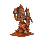 Brass Lakshmi Narasimha idol, three-quarter view with companion figure next to main form