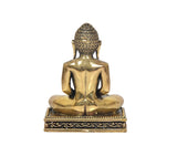 Rückansicht der Messing-Jain-Idolfigur, sitzend in Meditation, goldfarbener Sockel