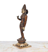 Brass Uma Parvati statue from side view, standing pose on round lotus base