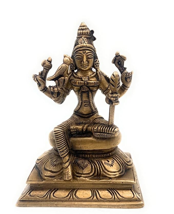 Handmade Goddess MEENAKSHI Amman Parvati with Parrot Golden Brass Statue (Height: 5 Inches)