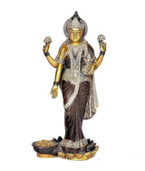 Maa Lakshmi brass statue idol with ornate crown, draped sari, round base
