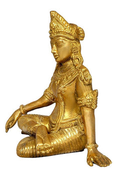 Brass Indra Dev seated statue, side profile, raised hands and beaded ornaments