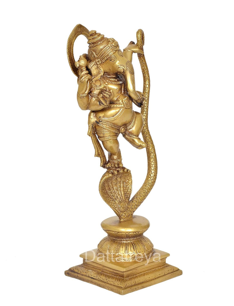 Brass Lord Ganesha Dancing on Serpent Shesha - Hindu Deity Idol for Puja and Gifts (Height 11.5 Inch)