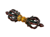 Small eight-pronged dorje ornament in dark bronze-brown with gold clasp section