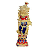 Brass Radha Rani sculpture from behind, ornate crown and round halo panel.