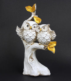 Resin owl couple table decor, 6 in tall, close-up of white-gray owls with gold accents