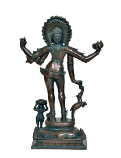 Shiva Bhikshatana sculpture with teal patina, front view, small attendant by the pedestal