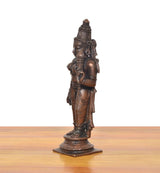 Devi Uma Parvati Copper statue, back/side view, crown and draped hair details, on base