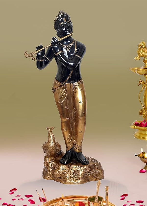 Brass Lord Krishna Idol Figurine Sculpture Playing Flute Statue Decorative Showpiece, (Height 29 Inch)