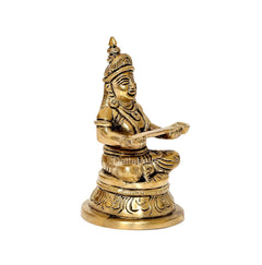 Brass Maa Annapurneshwari murti, angled view, seated with hands holding a vessel, 4.5 in