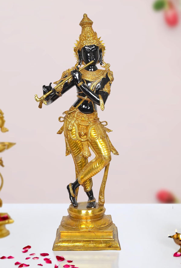 Brass Krishna Playing Flute Idol Statue Sculpture for Home Mandir Pooja Decor Temple Gift (Height 35 inch) (Multicolor 1)