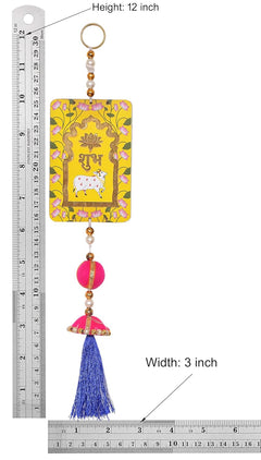 Dimensions view: 12-inch door hanging with yellow Shubh Labh tag and blue tassel