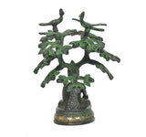 Brass Buddha tree idol with sprawling branches, Bhumisparsha mudra, green patina, wide base