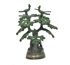 Brass Buddha tree idol with sprawling branches, Bhumisparsha mudra, green patina, wide base