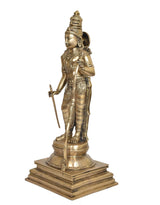 Brass Rama statue side view, hand raised and bow held, detailed drapery