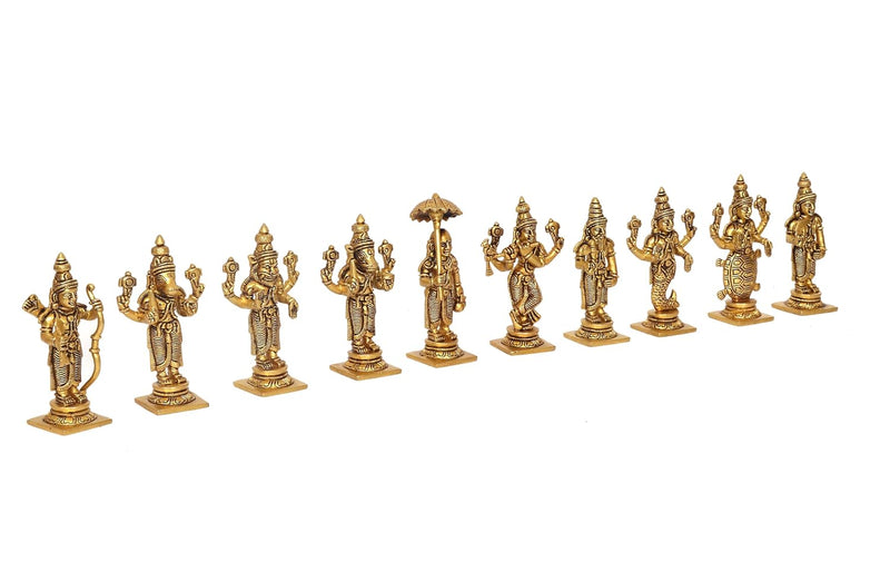 Brass Vishnu Dashavatara Ten Avatars of Vishnu for Home Temple Office Mandir, (Height: 4 Inch)