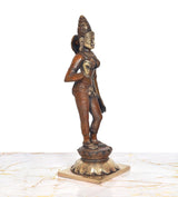 Brass Uma Parvati figurine side profile, hands posed and layered lotus pedestal