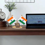 Car dashboard ornament with two crossed Indian flags and Vande Mataram emblem
