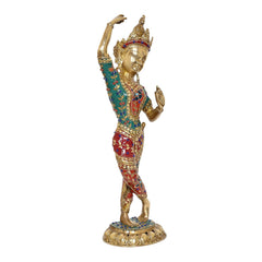 Full-body view: Tara Devi standing dancer statue with gold face and jeweled trim