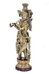 Brass Krishna statue idol playing flute, side view with carved jewelry details