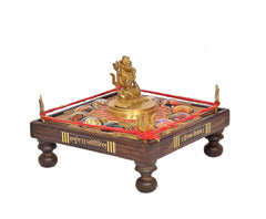 Brass Shiva on chowki with side inscriptions and colorful inlays, red rope accents