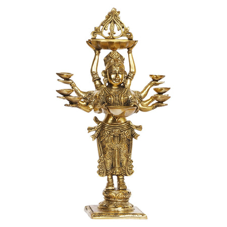 Brass Standing Lady with Eight Diya Gold Color (Height: 15 Inches)