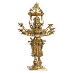 Gold brass standing lady diya holder with eight small bowls and pedestal base