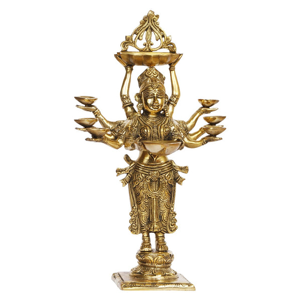 Brass Standing Lady with Eight Diya Gold Color (Height: 15 Inches)