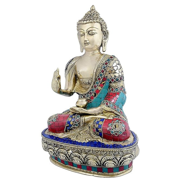 Brass Buddha Statue Stone Work Idol Buddha Statue Sitting Buddha Height 9.8 Inch