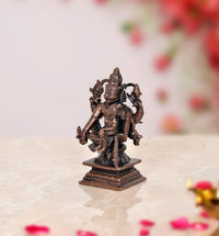 Copper-toned Lakshmi Narasimha statue (3 inch), angled rear view showing pedestal