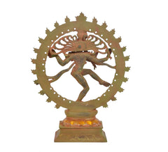 Brass Nataraj Lord Shiva idol front view, ornate ring with flame-like tips