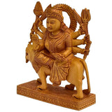 Carved wooden Durga on lion figurine, seated pose, multiple arms, detailed base
