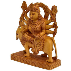 Carved wooden Durga on lion figurine, seated pose, multiple arms, detailed base