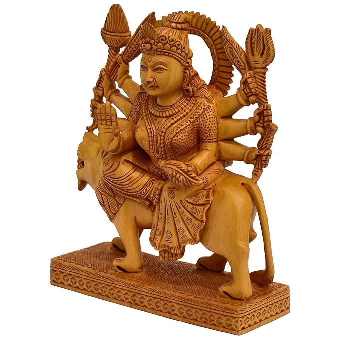 Kadamba Wood Carved Godess Durga Devi Decorative Showpiece I Handicraft I Home Decor I Gift I Lucky Idol I Religious Height 6 Inch Craft Detail