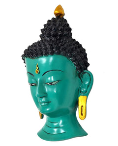 Turquoise resin Buddha mask wall hanging, front angled view with gold forehead flame