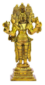 Brass Brahma Vishnu Mahesh trimurti idol back view, ornate multi-hood headgear, raised hands