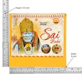 Table Calendar 2026 Sai Baba desk calendar with size labels: Height 8.5 inch, Width 9 inch