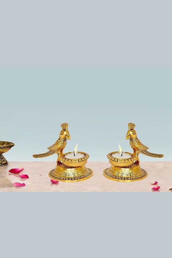 Metal parrot diya lamp set of 2, gold-tone bird candle holders, 4 in height