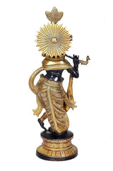 Krishna statue figurine with radiant circular halo, gold and dark brass finish