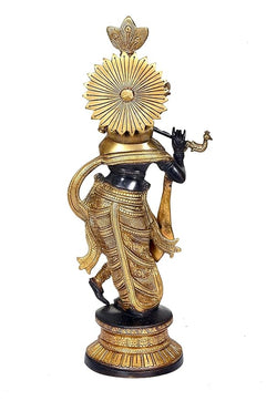Krishna statue figurine with radiant circular halo, gold and dark brass finish