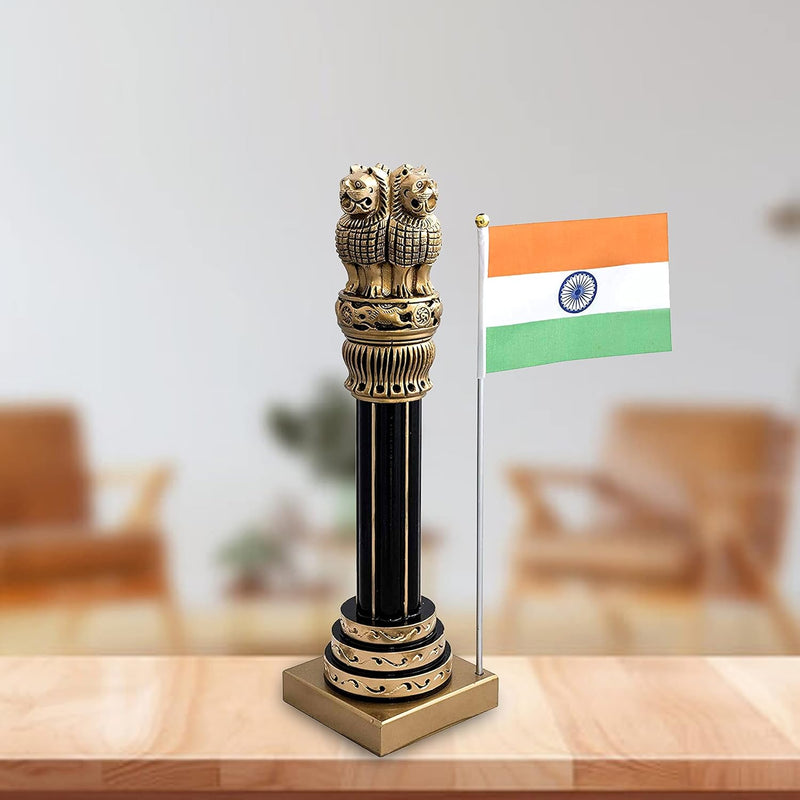 Wooden Ashoka Stambh Emblem with India Flag for Office Desk