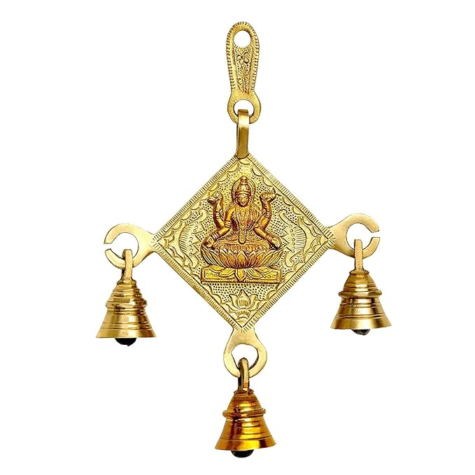 Brass Lakshmi wall hanging with four bells, diamond-shaped pendant