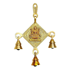 Brass Lakshmi wall hanging with four bells, diamond-shaped pendant