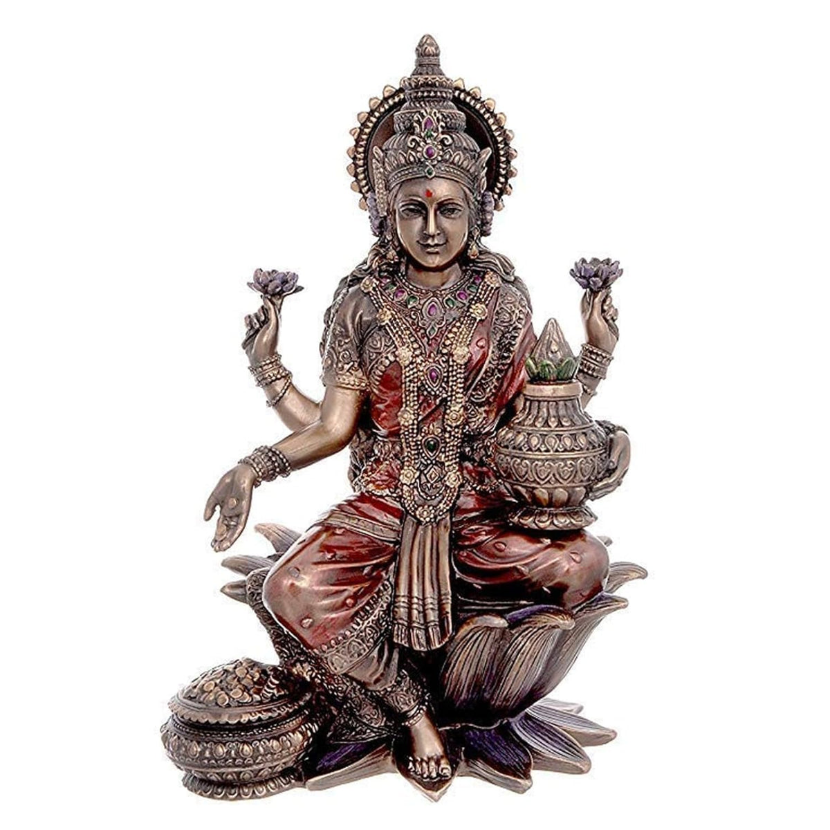 Bronze-finish Laxmi murti seated on lotus, ornate crown, raised hands and jewelry
