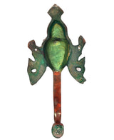 Rear view brass Buddha door handle with green patina and round end knob