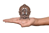 Copper Vishnu, Shridevi & Bhudevi statue height 3 in, shown on open palm