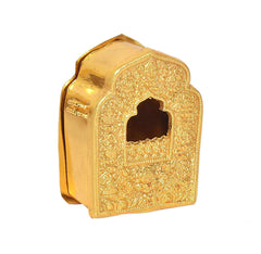 Metal Tibetan gau box angled view, embossed pattern around arched window