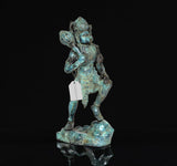 Vintage Hanuman bronze statue, turquoise patina; standing with mace-like object