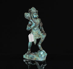 Vintage Hanuman bronze statue, turquoise patina; standing with mace-like object